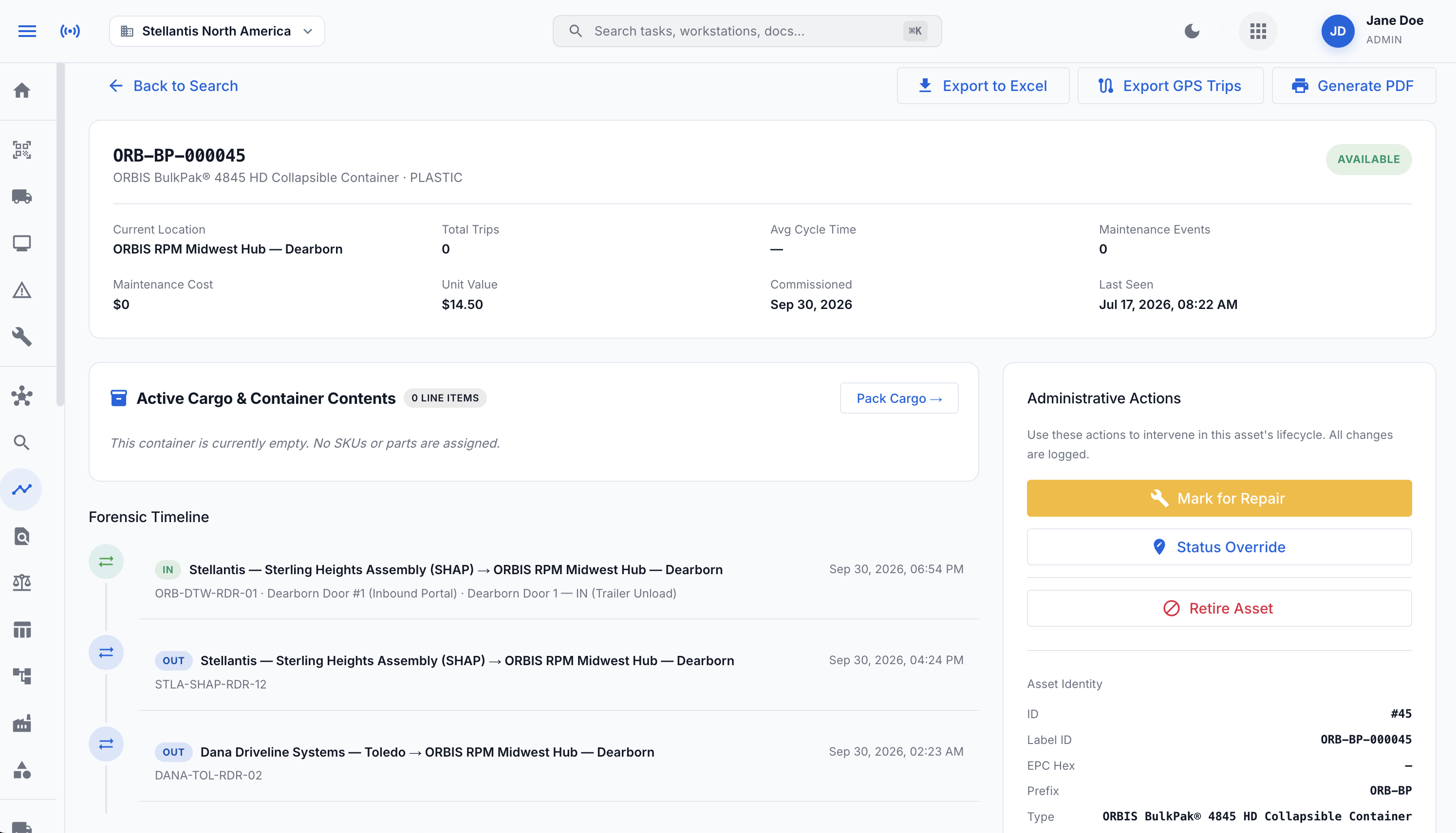 Asset lifecycle forensic timeline — commissioned date, IN/OUT reader events, trip history, FlowTrace