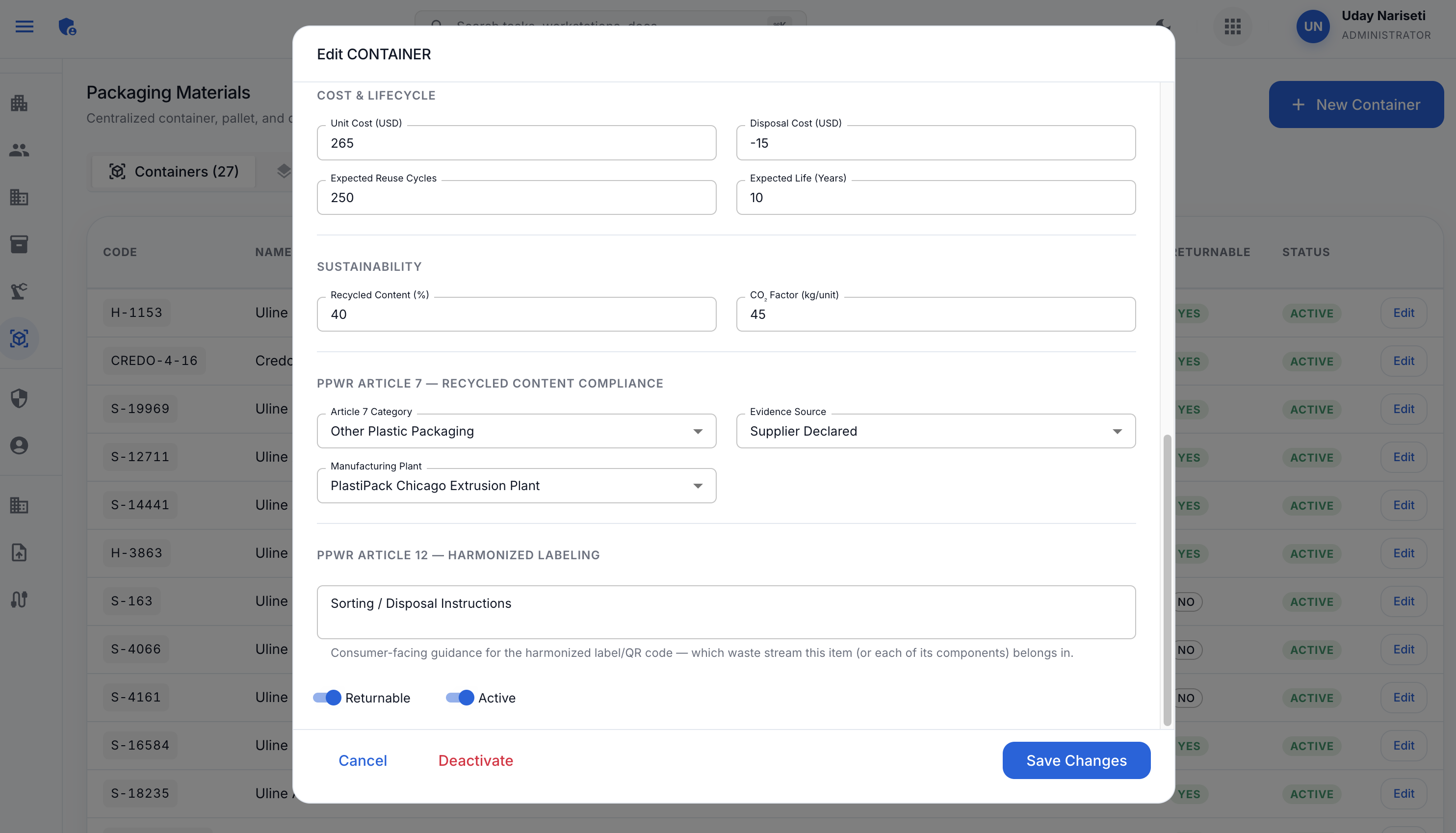 Container master data — Article 7 recycled content fields and Article 12 sorting instructions field