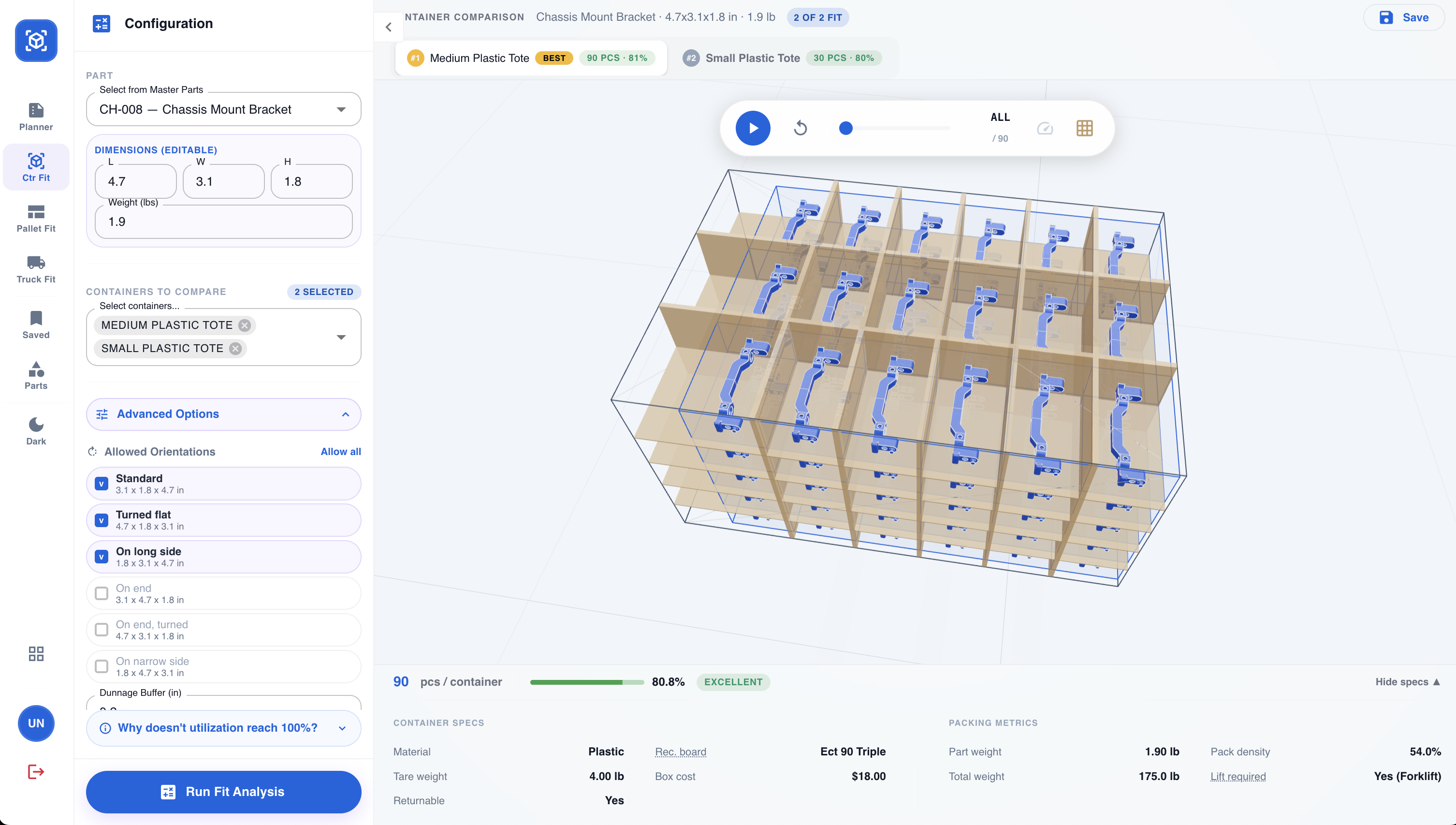 PackTetri container fit calculator — real bin-packing solve with orientation and dunnage buffer options, 80.8% utilization / EXCELLENT verdict
